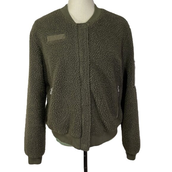 Angel Kiss Fuzzy Sherpa Teddy Bomber Size L Rich Olive Green Crew Neck - Picture 1 of 16